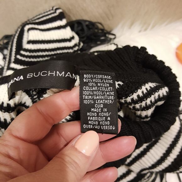 Dana Bachman black ivory white  Leather guede fringe poncho turtleneck shrug - Picture 8 of 10